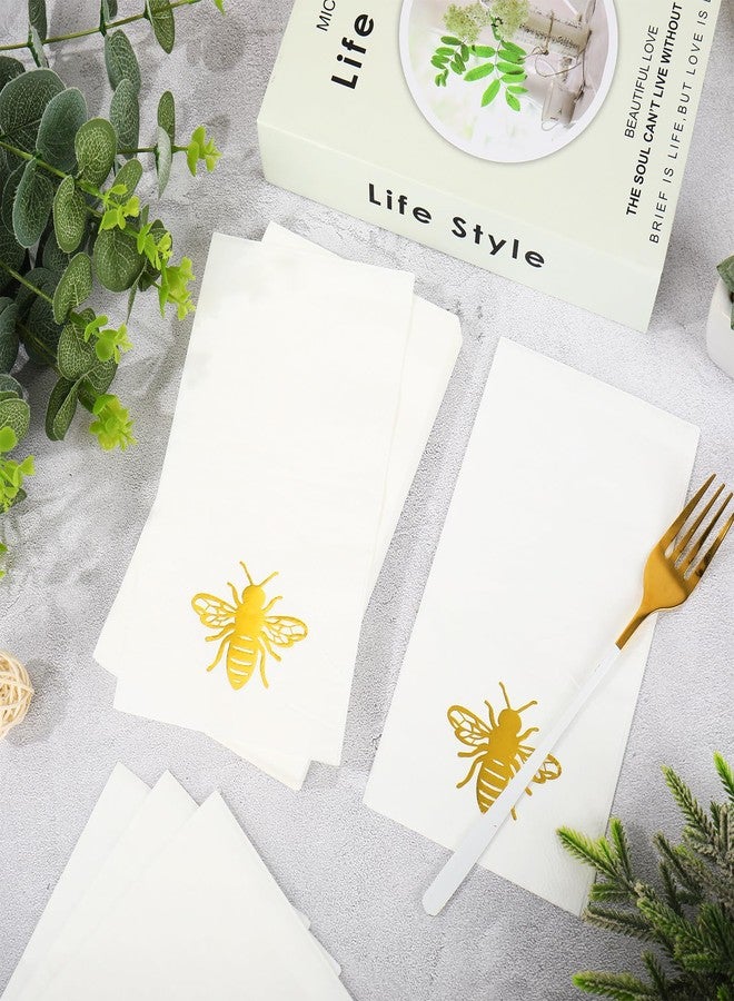 JarThenaAMCS مناديل ضيوف JarThenaAMCS، 50 قطعة، مزينة بنقوش النحل، مطلية برقائق ذهبية، للاستخدام مرة واحدة، ورقية، مثالية لحفلات الربيع والصيف. - Image 4